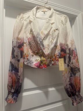 Peach White Floral Cropped Blazer Top